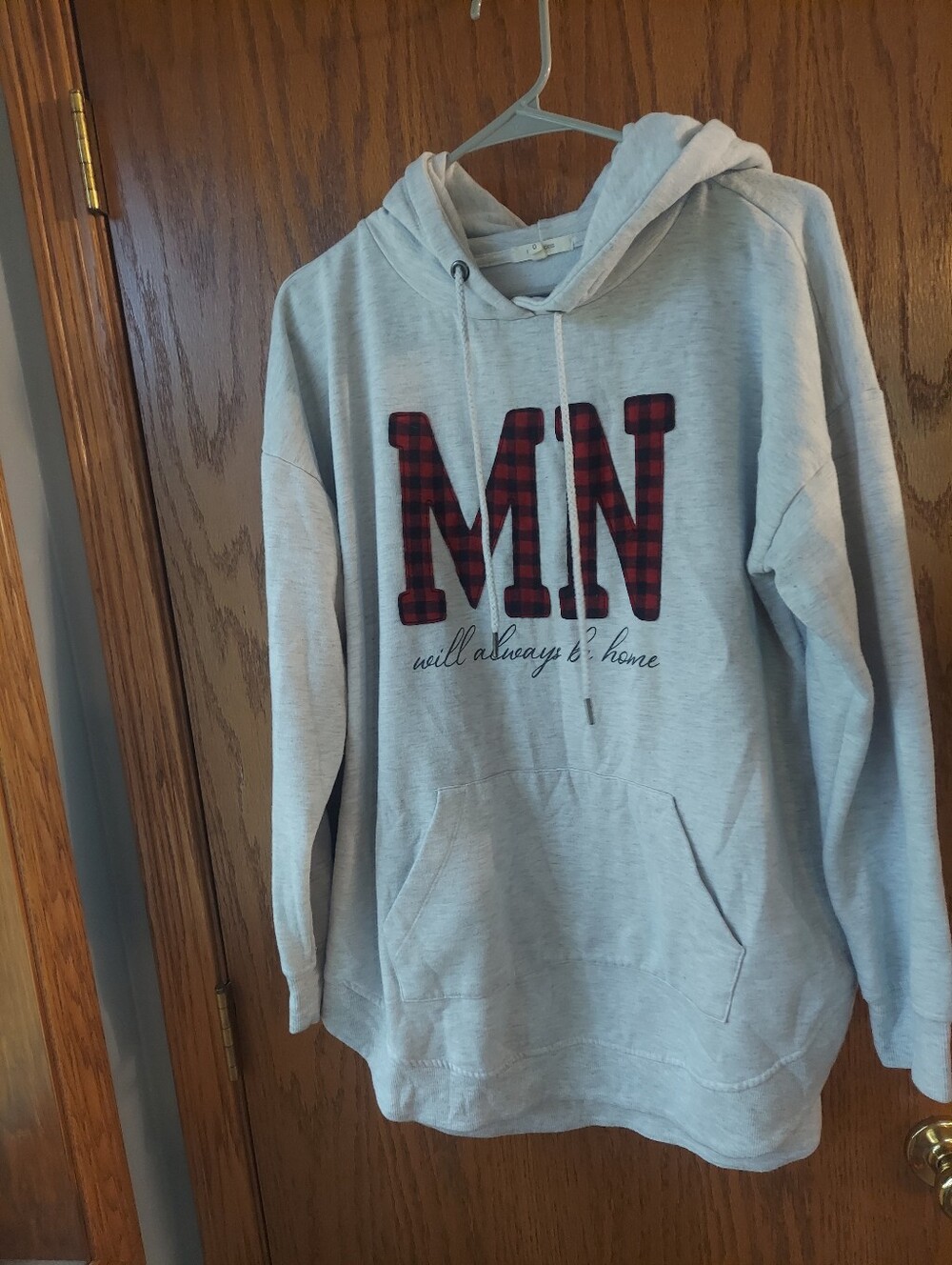 Maurices MN Will Always Be Home Hoodie Size 0X Light Gray Buffalo Plaid